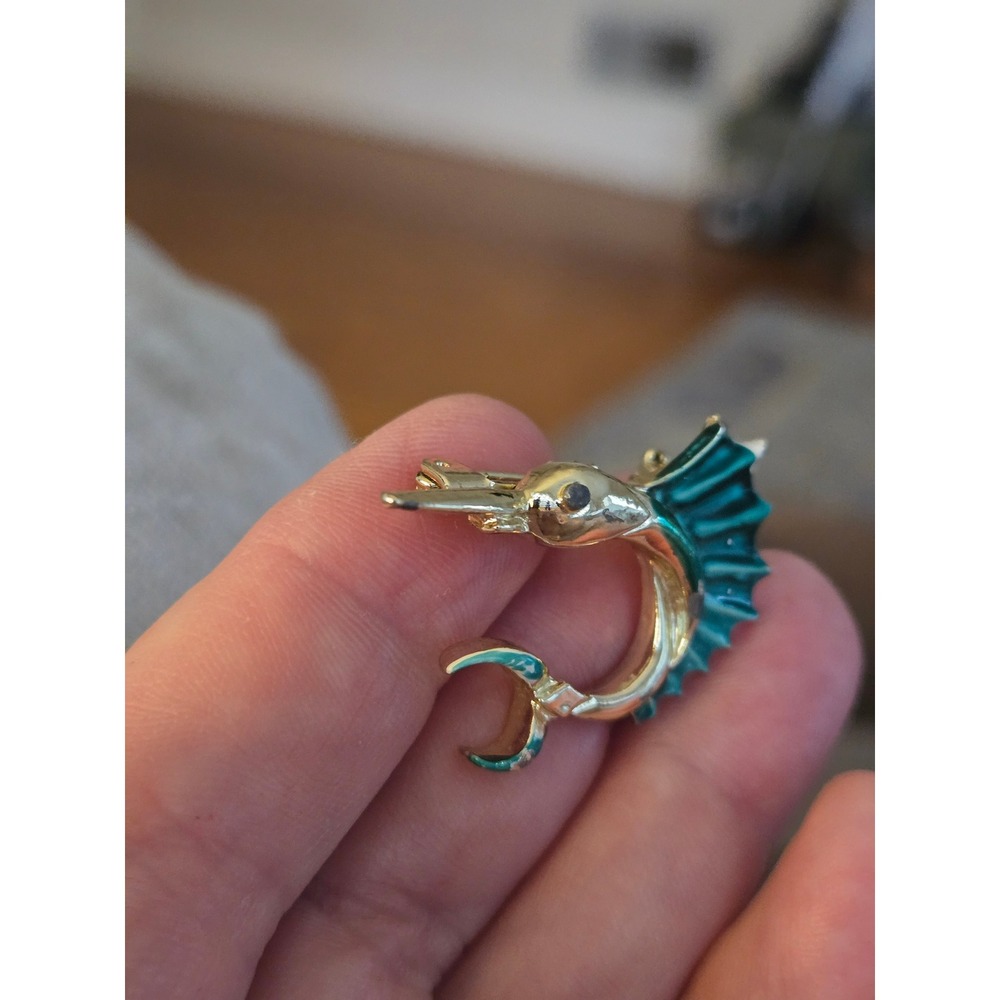 Blue Marlin Sailfish Brooch Enamel Blue Green Vintage